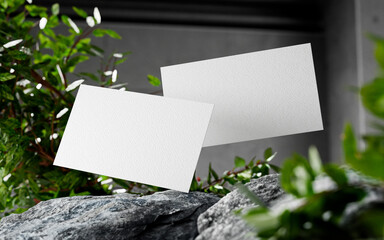 Textured Business Card Mockup Flying on Top of Rock