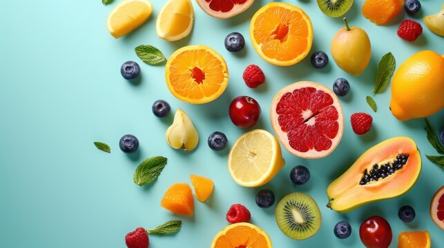 a variety of fruits cut in half on a blue background with leaves and berries on the bottom of the image.