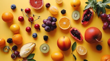  a variety of fruits are arranged on a yellow surface, including oranges, kiwis, grapes, and pomegranates.