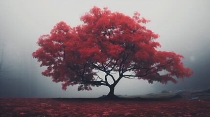 Misty landscape with red maple tree. Generative AI