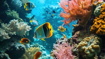  a large group of fish swimming around a coral reef in the blue water of a tropical sea with soft corals and soft corals in the foreground.