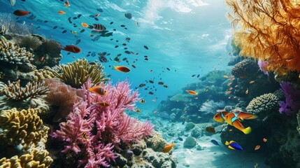  an underwater view of a coral reef with many different types of fish and corals on the bottom of the water.