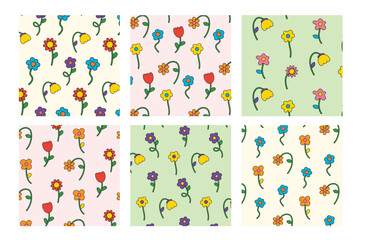 Obraz premium Collection of seamless pattern with multicolored flowers in retro groovy style. 70s, 80s, 90s vibe. Trendy hand drawn flowers. Vector illustration. Botanical floral elements set. 