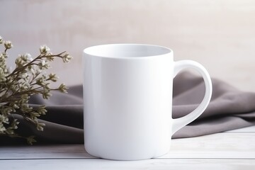 Fototapeta na wymiar plain white mug. Mug mockup with small decoration background