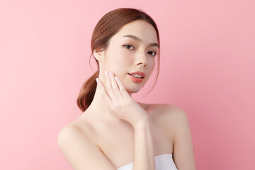 Beautiful young asian woman with clean fresh skin on pink background, Face care, Facial treatment, Cosmetology, beauty and spa, Asian women portrait.