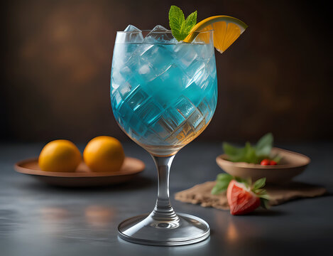 blauer Cocktail mit Zitronen und Minze Dekoration