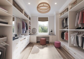 Fototapeta na wymiar Stylish Walk-in Closet with Custom Shelving: Ideal Storage for Clothes & Accessories in a Spacious House