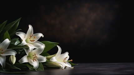 White lilies on a black background. Symbolizing funeral, mourning, and remembrance. Generative AI