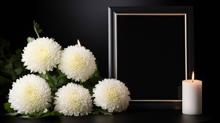 There is a bouquet of white chrysanthemums, a candle and a picture frame on a black background. It symbolizes funerals, mourning, and remembrance. Generative AI
