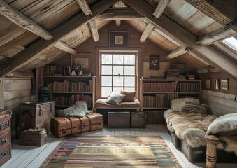 Charming Rustic Attic Space: Vintage Trunks, Exposed Beams, & Cozy Reading Nook | House Inspection & Real Estate Stock Photo