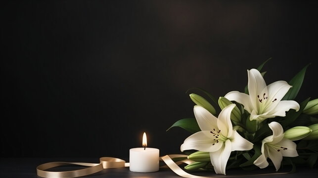 White lilies and candles on a black background. Symbolizing funeral, mourning, and remembrance. Generative AI