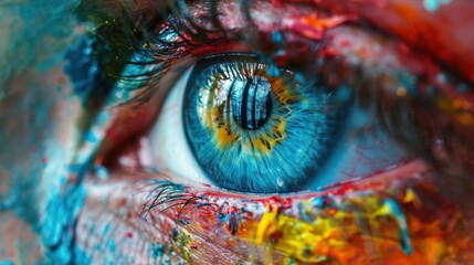  a close up of a person's blue eye with multicolored paint all over it's iris.