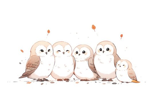  a group of owls sitting next to each other on top of a pile of dirt on top of a white surface.