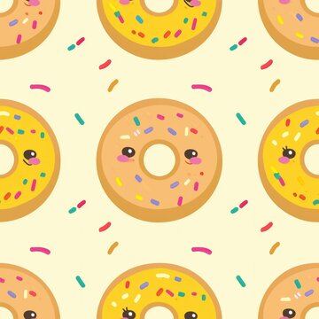Seamless Patterns for prints | Happy Donut Friend 2D Illustration: A delightful donut with a friendly face, adorned with colorful glaze and sprinkles.
