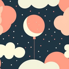 Seamless Patterns for prints | Gentle Moon Balloon 2D Illustration: A dreamy illustration of a balloon shaped like the moon, exuding a calm and soothing atmosphere.