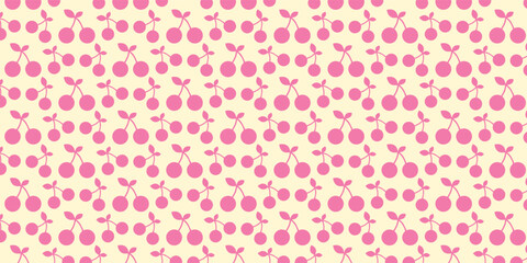 Pink seamless pattern with cherry. Vector illustration in y2k style, girly pink aesthetic. Trendy background. Pink berries on a pastel yellow background.