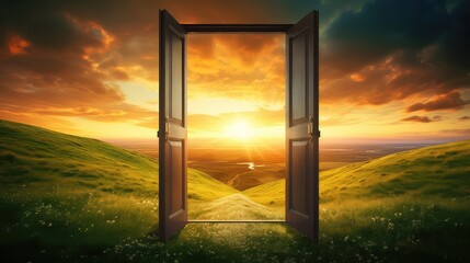 Open door leading to beautiful countryside landscape at sunset