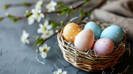  a basket filled with eggs sitting on top of a table next to a branch of a tree with white flowers.
