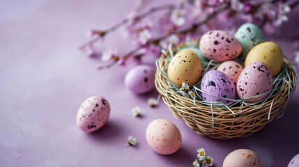 Naklejka na ściany i meble a basket filled with eggs sitting on top of a table next to a bunch of pink and purple flowers on top of a purple surface.