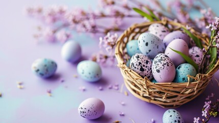 Naklejka na ściany i meble a wicker basket filled with blue and white speckled eggs next to lavender sprigs on a purple background.