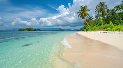 Fototapeta na wymiar Sandy tropical beach with island on background.