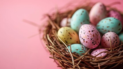  a bird's nest filled with eggs on top of a pink background with speckled eggs in the nest.