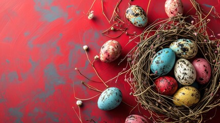  a bird's nest filled with eggs on top of a red and blue surface with a red wall in the background.