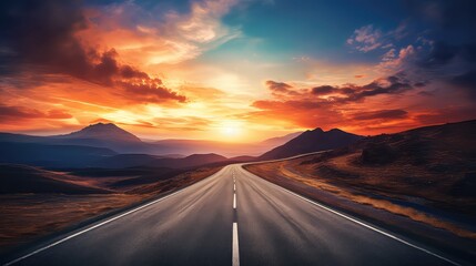 Road to the mountains at sunset. Landscape with asphalt road. - obrazy, fototapety, plakaty