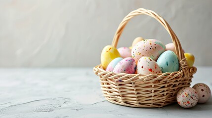  a basket filled with eggs sitting on top of a table next to two small eggs with sprinkles on them.