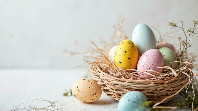  a bird's nest filled with colored eggs on top of a white tablecloth next to a sprig of greenery.