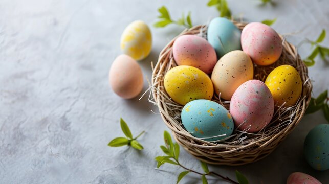  a basket filled with eggs sitting on top of a table next to a green leafy twigy branch.