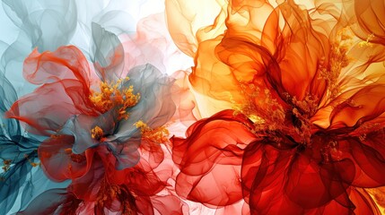  a close up of a red and a blue flower on a white and yellow background with a red and blue flower in the center.