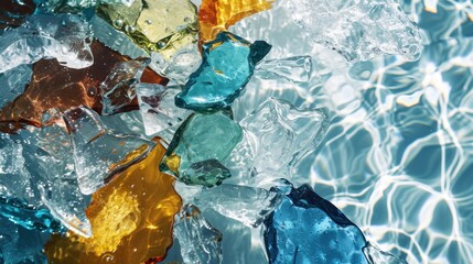  a group of colorful glass pieces floating on top of a body of water with a blue sky in the background.