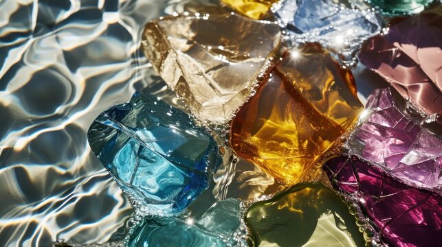  a group of multicolored pieces of glass sitting on top of a body of water next to each other.