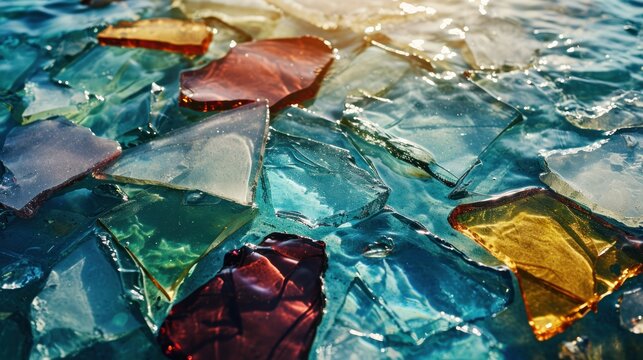  a group of broken glass pieces sitting on top of a body of water with the sun shining in the background.