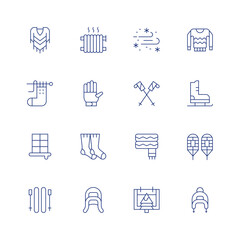 Winter line icon set on transparent background with editable stroke. Containing poncho, blizzard, radiator, jersey, sock, ski poles, gloves, ice skating, window, scarf, socks, snowshoes, ski, winter.
