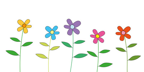 Colorful spring flowers background cute line design element isolated illustration. Spring summer doodle birthday floral background