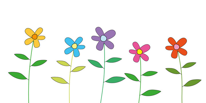 Colorful spring flowers background cute line design element isolated illustration. Spring summer doodle birthday floral background