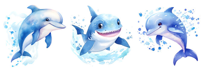 Watercolor Cute Aquatic Animals, Shark, Dolphin - obrazy, fototapety, plakaty