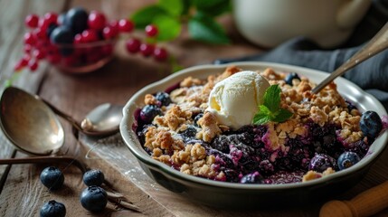  a bowl of blueberry crumbles with a scoop of ice cream on top of it and a spoon next to it.
