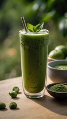 Drinks extracted from green plants arranged on a wooden table