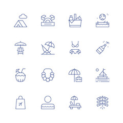 Holidays line icon set on transparent background with editable stroke. Containing tent, picnic, sunbed, bikini, coconut drink, holidays, shopping bag, flower, seat, swimmer, firecrackers, champagne.