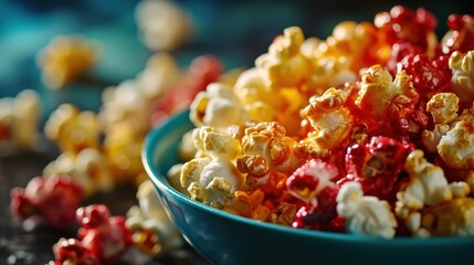  a close up of a bowl of popcorn with other popcorns in the background and one bowl of popcorn in the foreground.
