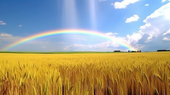 Rainbow over wheat field and blue sky