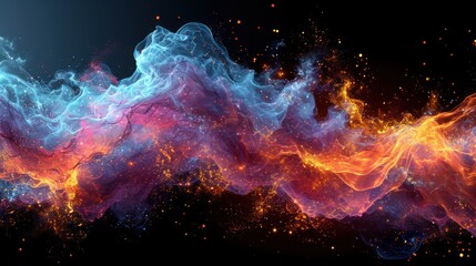  a computer generated image of a multicolored wave of fire and ice on a black background with space for text.
