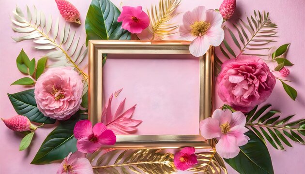 framework for photo or congratulation, abstract golden leaves, a textured tropical leaf background, flat lay with copy space for text  Assorted pink flower border on pink background, pink frame, 