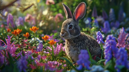  a rabbit sitting in the middle of a field of purple, orange, and yellow flowers with trees in the background.