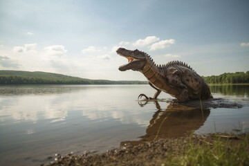 Tyrannosaur on lake. Generative AI