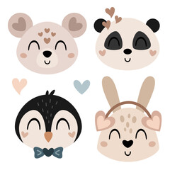 Valentines day clipart set. Cute animal faces clipart. Animal heads clip art. Cartoon rabbit, panda, penguin, mouse in flat style. Vector illustration.