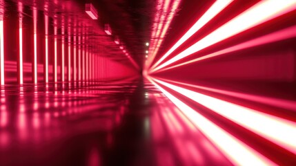  a red and white photo of a tunnel with lights coming from the end of the tunnel and the light at the end of the tunnel.